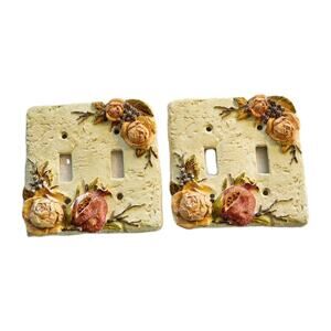 Pair VTG 80s Ceramic Cottage Rose Pomegranate Double Switch Light Plate SEE PIC